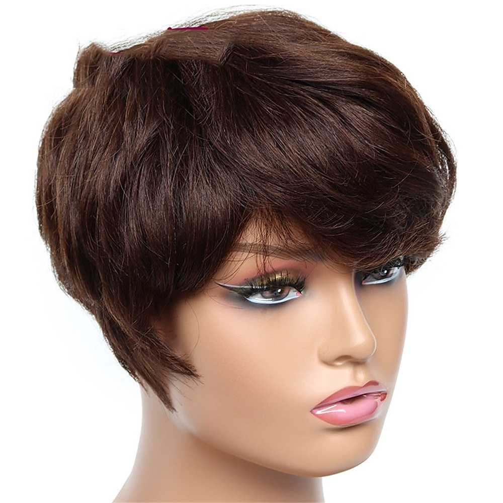 Human Hair Wig Short Natural Wave With Bangs Black Burgundy Dark Brown Soft Party Women Capless Brazilian Hair Women's Natural Black #1B Black / Grey Medium Brown#4 6 inch Party / Evening Daily Daily 2025 - $39.99 –P10