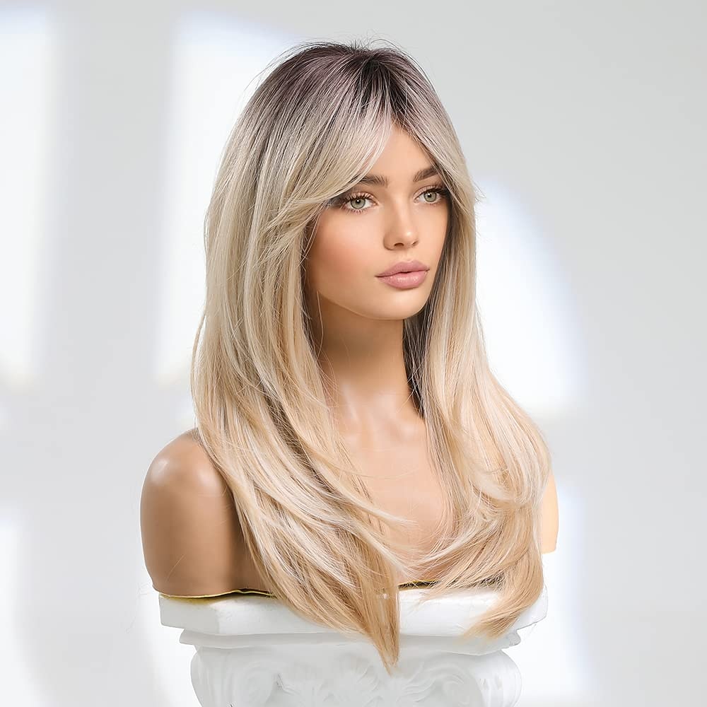 peruka syntetyczna prosta z grzywką peruka średniej długości a1 włosy syntetyczne damskie na imprezę cosplay moda blond peruki na przyjęcie bożonarodzeniowe 2026 - $28.99 –P7