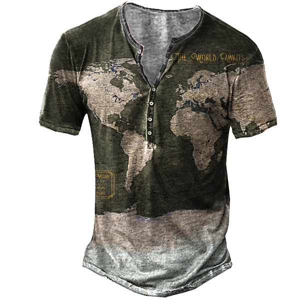 Męskie Mapa Wzory graficzne Podkoszulek Koszula Henley Krótki rękaw Druk 3D Zabytkowe Sport Moda Na zewnątrz Ulica Codzienny Lato Niebieski Zielony Tęczowy Jasnoniebieski Henley Koszulka Henley 2025 - $20.99 –P2