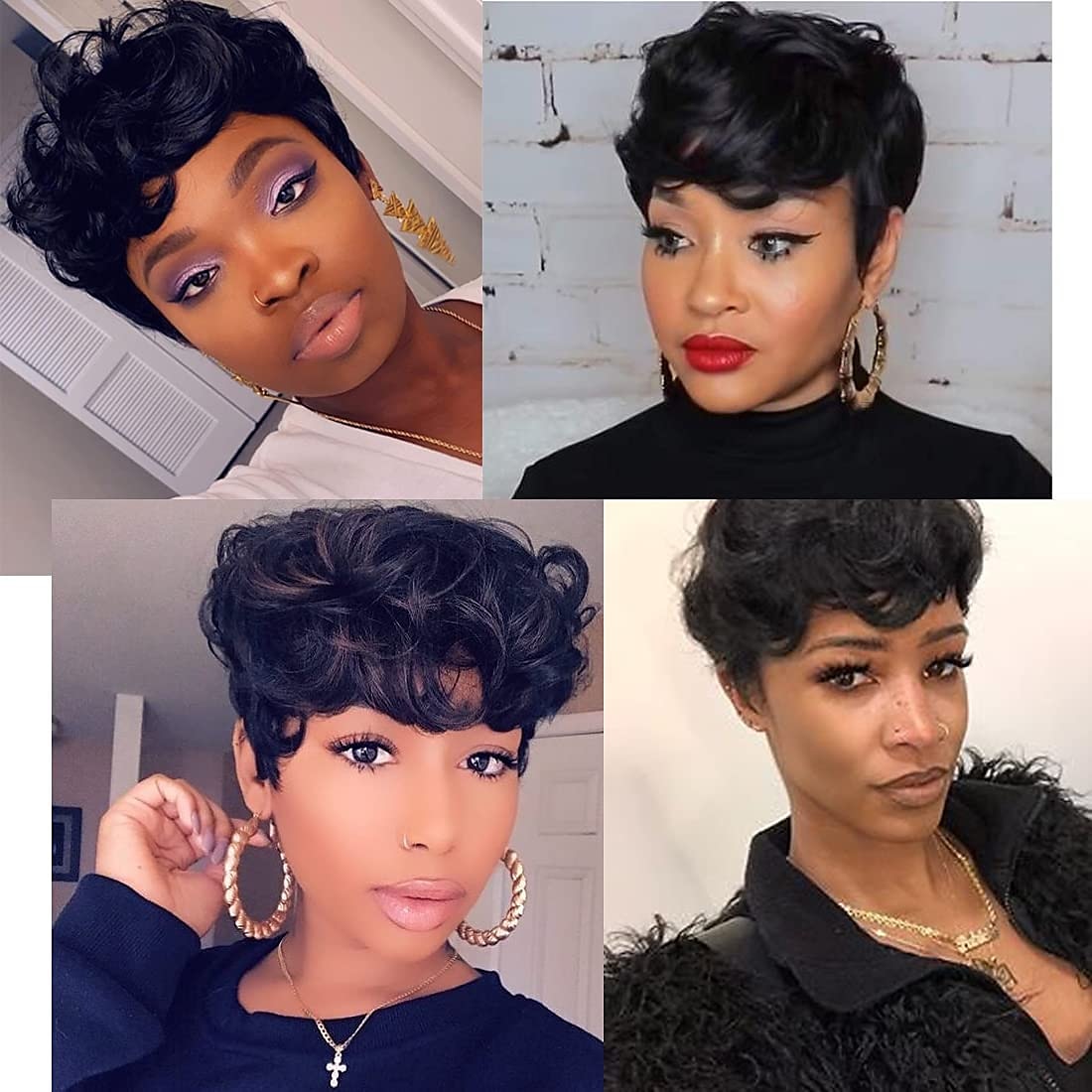 perruques de cheveux courts ondulés courtes perruques de lutin coupe de lutin perruques pour femmes perruques synthétiques naturelles moelleuses frange noire de 2025 ? $24.99 –P4