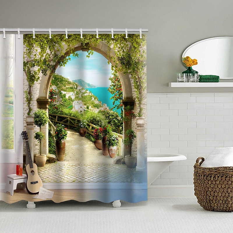 200 cm hoch duschvorhang waschbar Wunderschöner duschvorhang blatt Landschaft Naturdruck wasserdichter Duschvorhang moderner Polyester maschineller Badezimmer mit Haken 2025 - $27.99 –P9