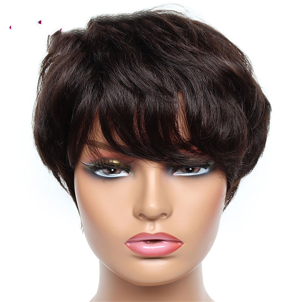 Human Hair Wig Short Natural Wave With Bangs Black Burgundy Dark Brown Soft Party Women Capless Brazilian Hair Women's Natural Black #1B Black / Grey Medium Brown#4 6 inch Party / Evening Daily Daily 2025 - $39.99 –P9