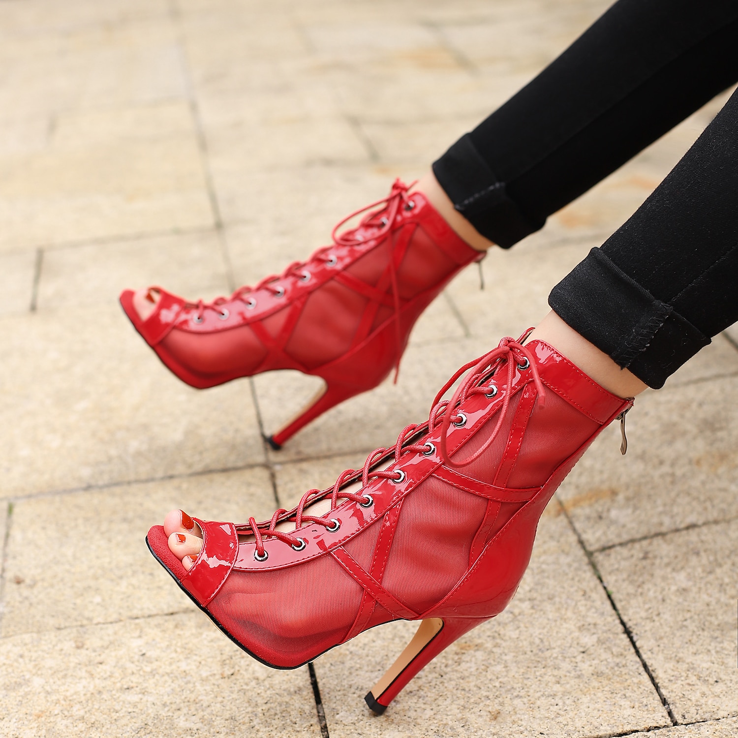 damskie czarne lakierowane buty do tańca ze sztucznej skóry, sznurowane, z siateczki, buty z odkrytymi palcami i wysokim obcasem do tańca latynoskiego, salsy i towarzyskiego 2025 - $79.99 –P2