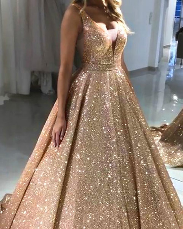 Ballgown baldräkter lyxig klänning quinceanera födelsedag svep-/borstsläp ärmlös V-hals tyl V-bak med paljetter maskeraddräkt 2025 - $229.99 –P4