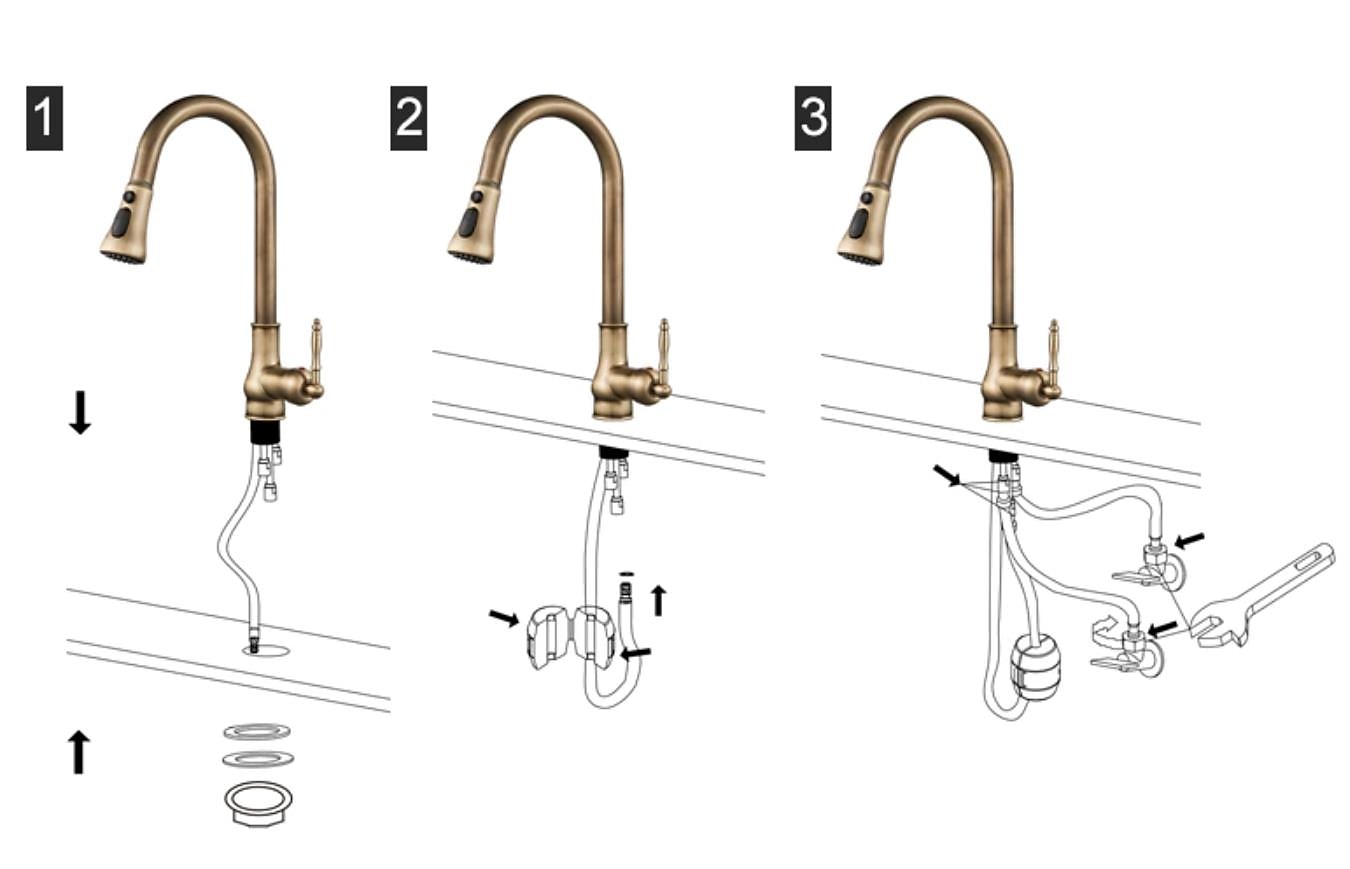 keukenkraan met sproeier, antiek messing uittrekbaar 3-functie afvoermodus enkele handgreep eengats spoelbak keukenkranen met zeepdispenser of afvoer 2025 - $178.99 –P13