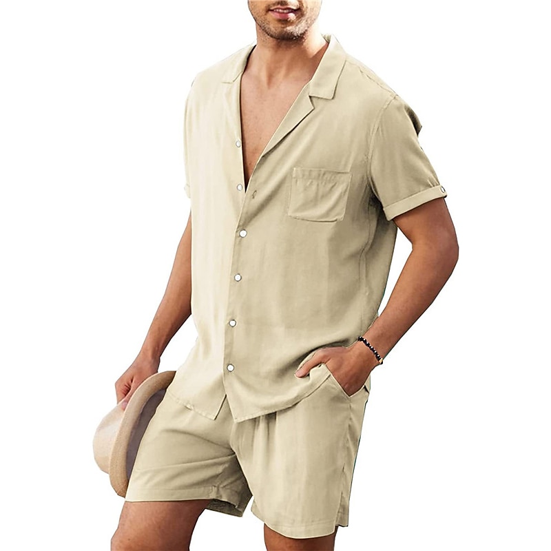 Herr linneskjorta Linneskjorta i bomull Vit bomullsskjorta 2 delar Skjorta set Sommarskjorta Slät Utomhus Gata Svart Vit Armégrön Beige Kortärmad Nedvikt Sommar Kläder Button-Down 2025 - $27.99 –P13