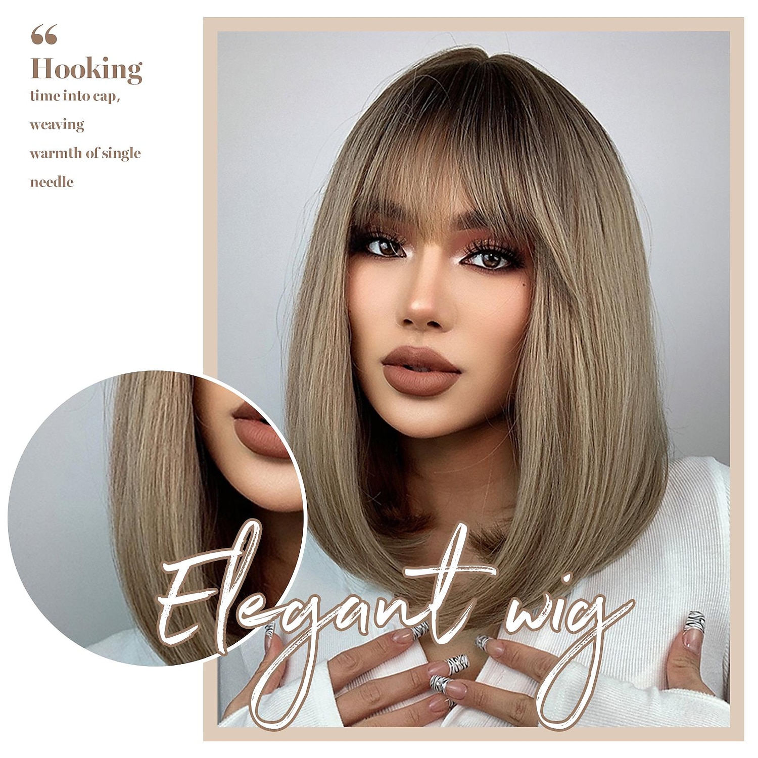 synthetische pruik natuurlijk recht met pony pruik 16 inch ombre bruin synthetisch haar vrouwen natuurlijke mode pluizig bruin 2025 - $32.99 –P2