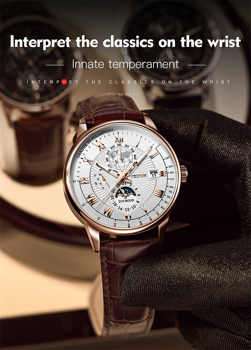 Mechanical Watch for Men Business Luxury Analog Wristwatch CalendarAutomatic Self-winding Moon Phase Waterproof Noctilucent Genuine Leather Watch Gift 2025 - $132.99 –P9