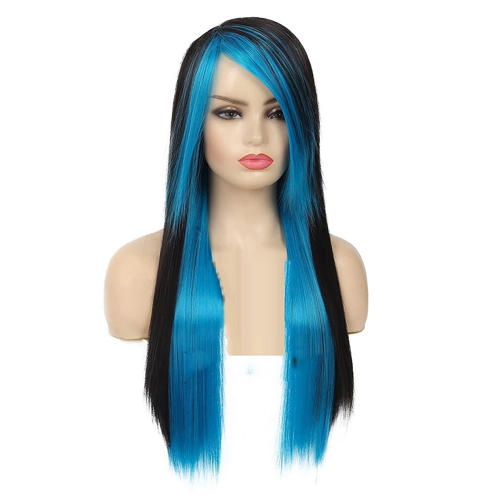 Perruques bleues longues bleu noir perruque soyeuse droite synthétique résistant à la chaleur côté frange cheveux perruques pour femmes filles halloween perruques de 2025 ? $24.99 –P4