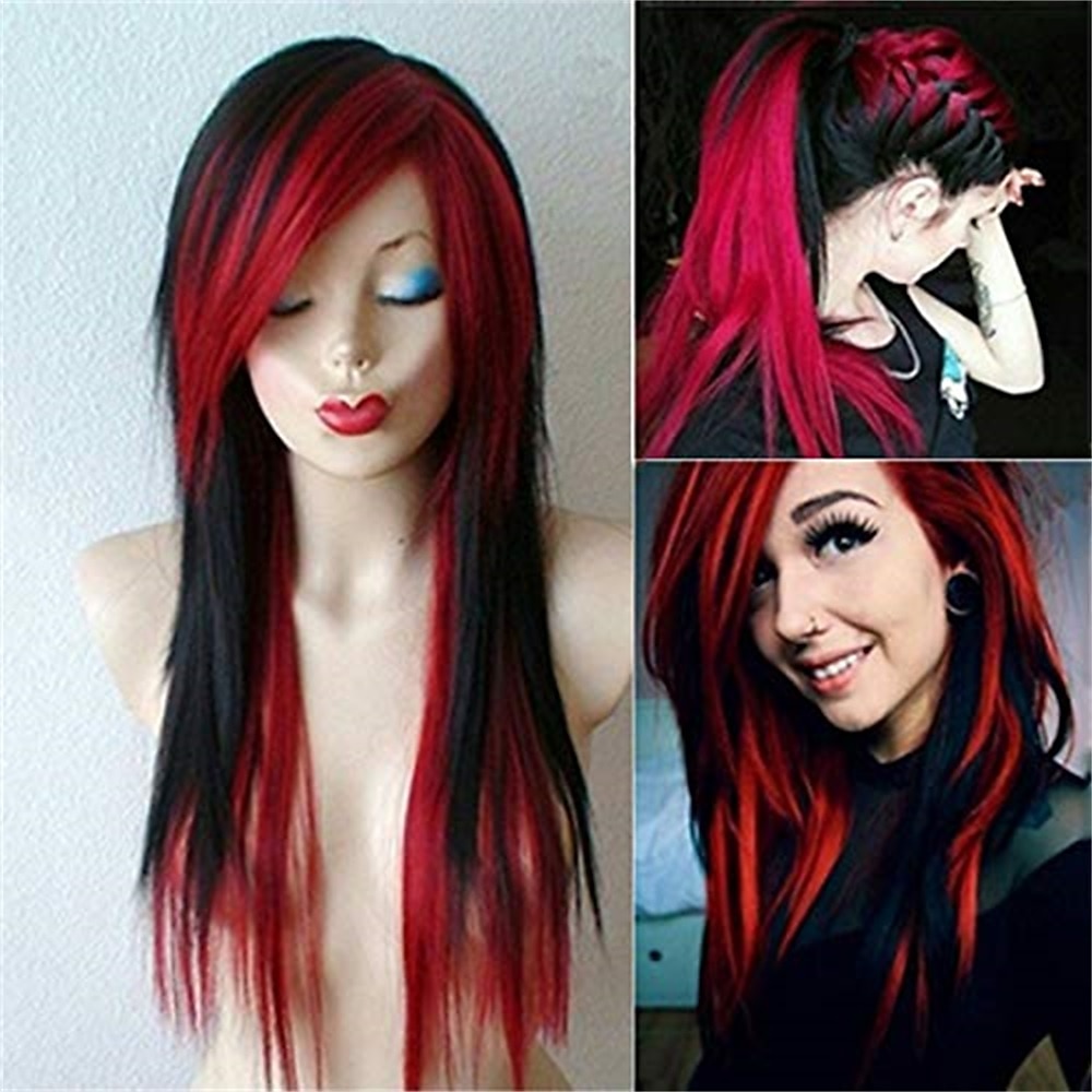 Perruques bleues longues bleu noir perruque soyeuse droite synthétique résistant à la chaleur côté frange cheveux perruques pour femmes filles halloween perruques de 2025 ? $24.99 –P12