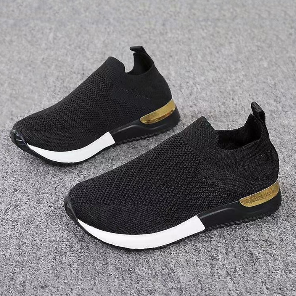 dámské černé úpletové slip-on tenisky – stylové neformální boty se zlatým akcentem na podpatku, lehké a pohodlné na denní nošení 2025 - $26.99 –P3
