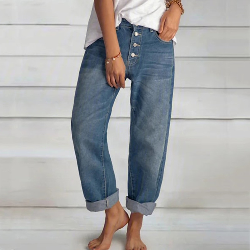 Women‘s Moms Jeans Slacks Pants Trousers Full Length Denim Side Pockets Micro-elastic Mid Waist Fashion Casual Weekend Blue S M Summer Spring &  Fall 2024 - $34.99 –P1