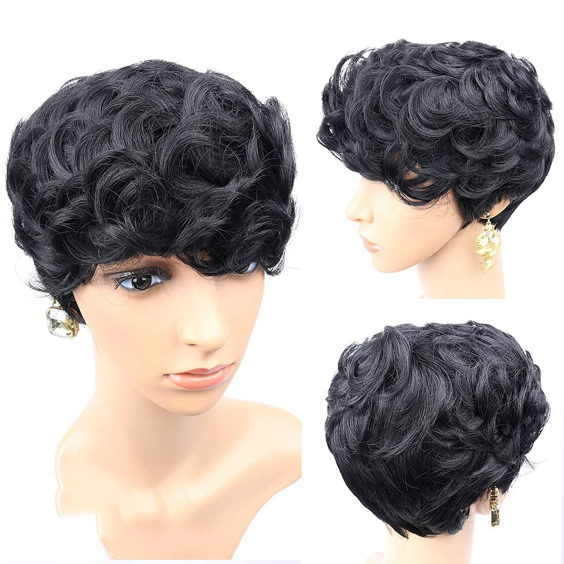 perruques de cheveux courts ondulés courtes perruques de lutin coupe de lutin perruques pour femmes perruques synthétiques naturelles moelleuses frange noire de 2025 ? $24.99 –P2