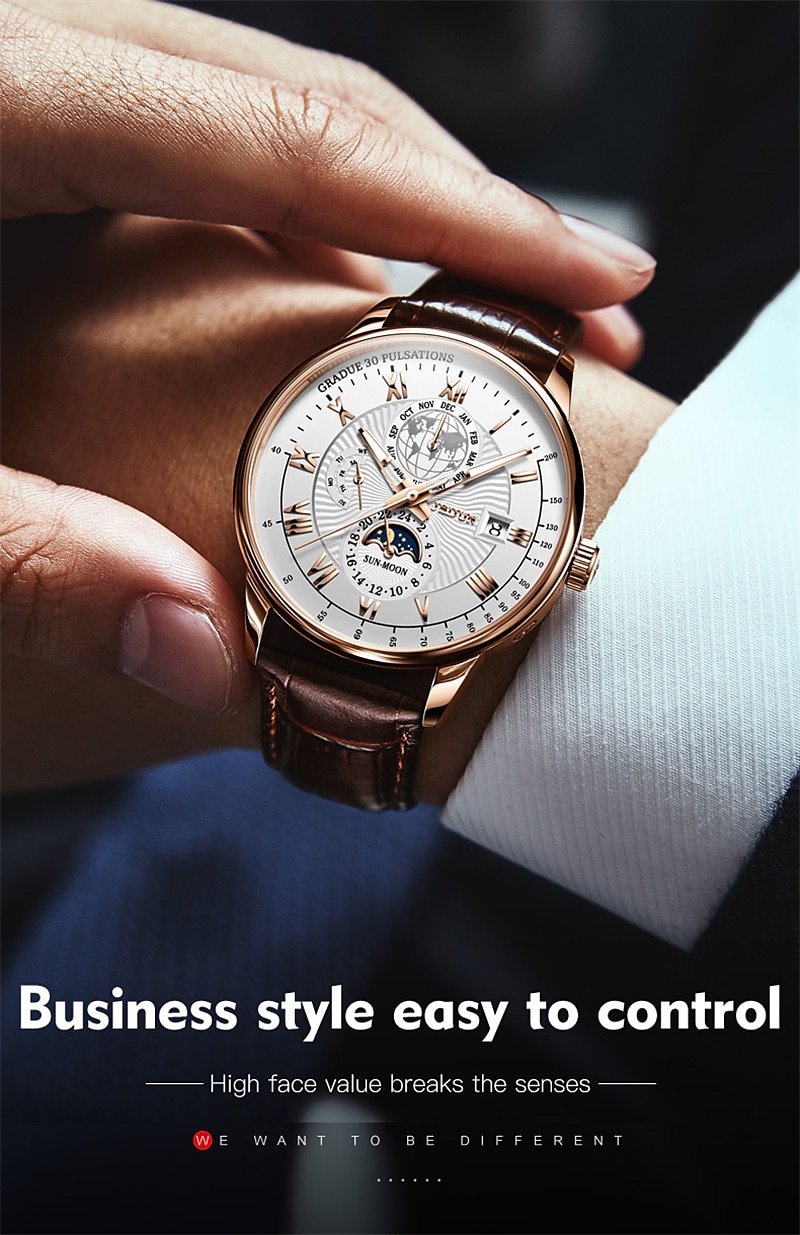 Mechanical Watch for Men Business Luxury Analog Wristwatch CalendarAutomatic Self-winding Moon Phase Waterproof Noctilucent Genuine Leather Watch Gift 2025 - $132.99 –P10