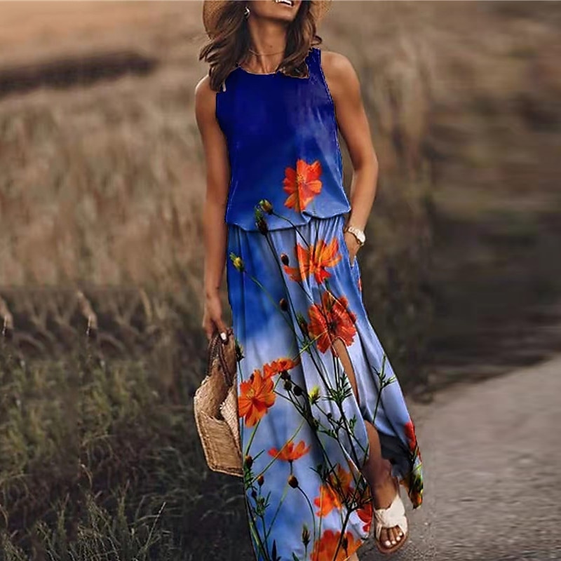Femme Robe longue maxi Robe casual Robe ethnique robe boheme mode Décontractées Extérieur Vacances du quotidien Ample Floral à imprimé arc-en-ciel Sans Manches Col Ras du Cou Jaune Rose Claire Bleu de 2025 ? $23.99 –P4