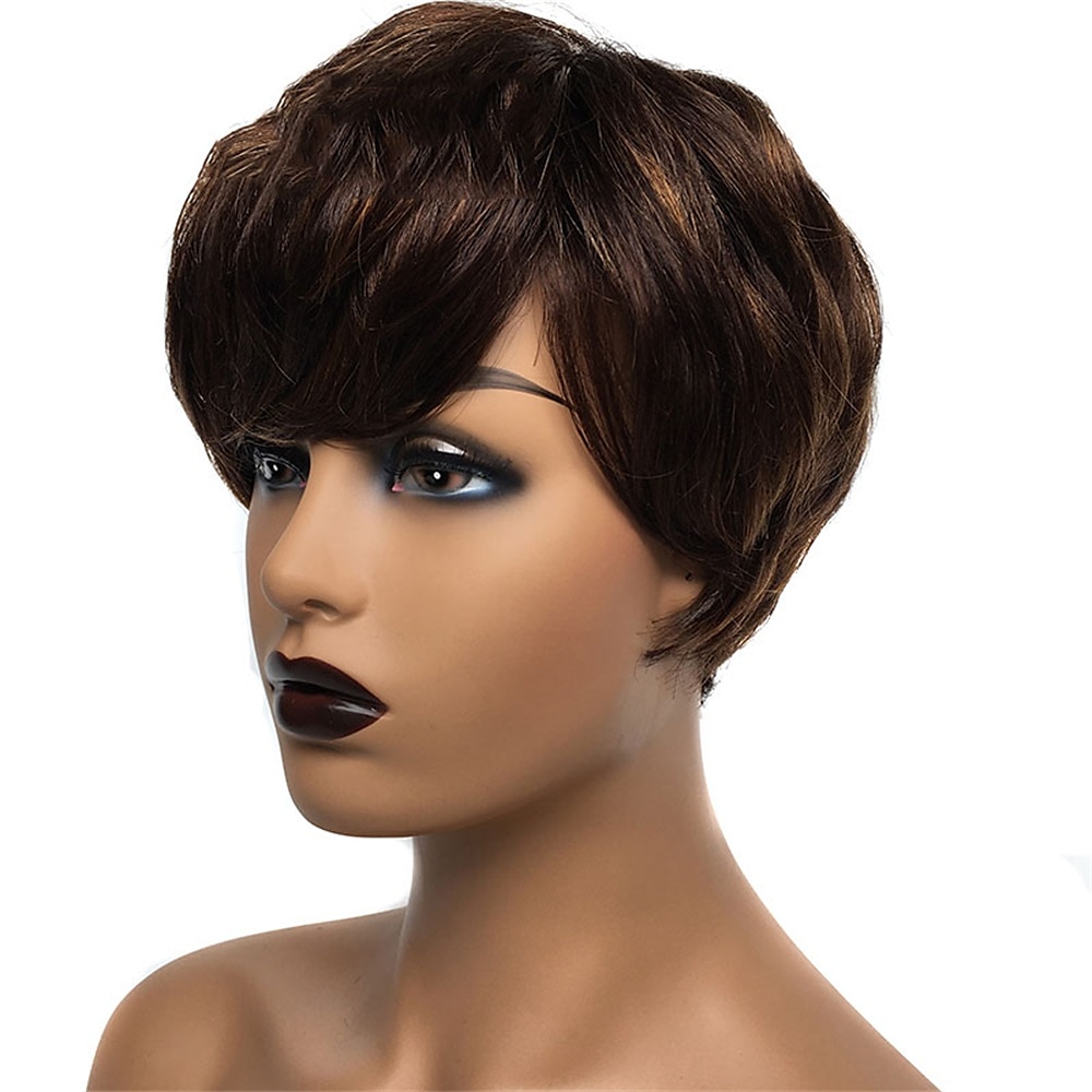Human Hair Wig Short Natural Wave With Bangs Black Burgundy Dark Brown Soft Party Women Capless Brazilian Hair Women's Natural Black #1B Black / Grey Medium Brown#4 6 inch Party / Evening Daily Daily 2025 - $39.99 –P5