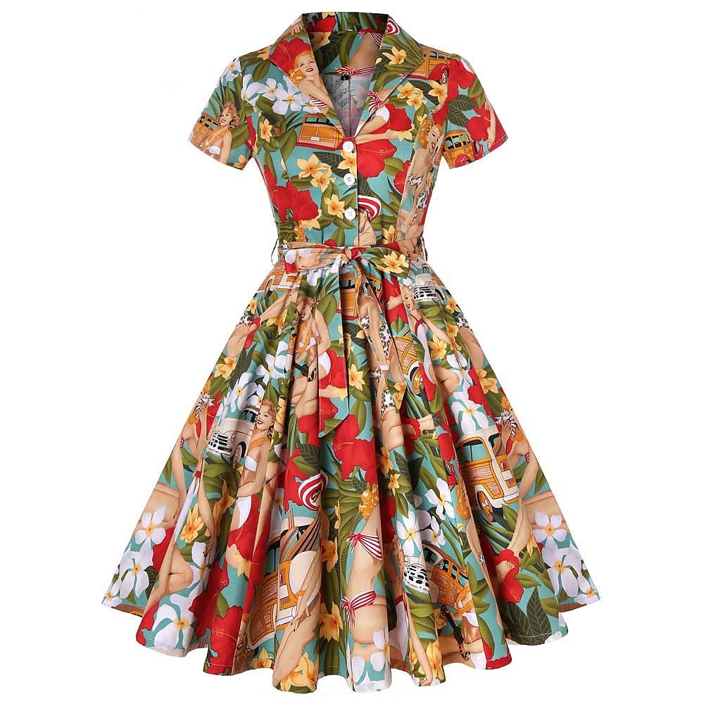 retro vintage 1950-es évek vakációs ruha flare ruha női jelmez vintage cosplay alkalmi mindennapi rövid ujjú ruha maskara 2025 - $53.99 –P8