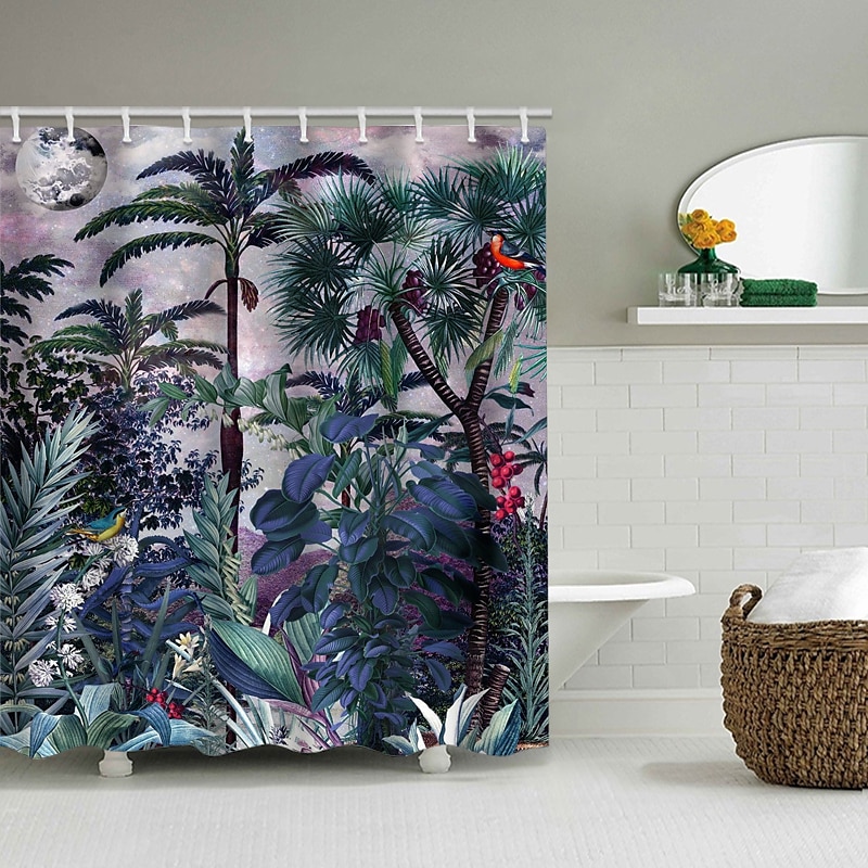 Shower Curtain with Hooks For Bathroom,Forest Tropical Rainforest Plant  Animal Elephant Giraffe Print Modern Polyester Machined Waterproof Bathroom  2024 - $17.99