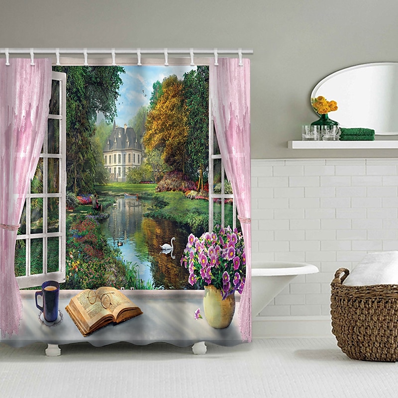 200 cm hoch duschvorhang waschbar Wunderschöner duschvorhang blatt Landschaft Naturdruck wasserdichter Duschvorhang moderner Polyester maschineller Badezimmer mit Haken 2025 - $27.99 –P8