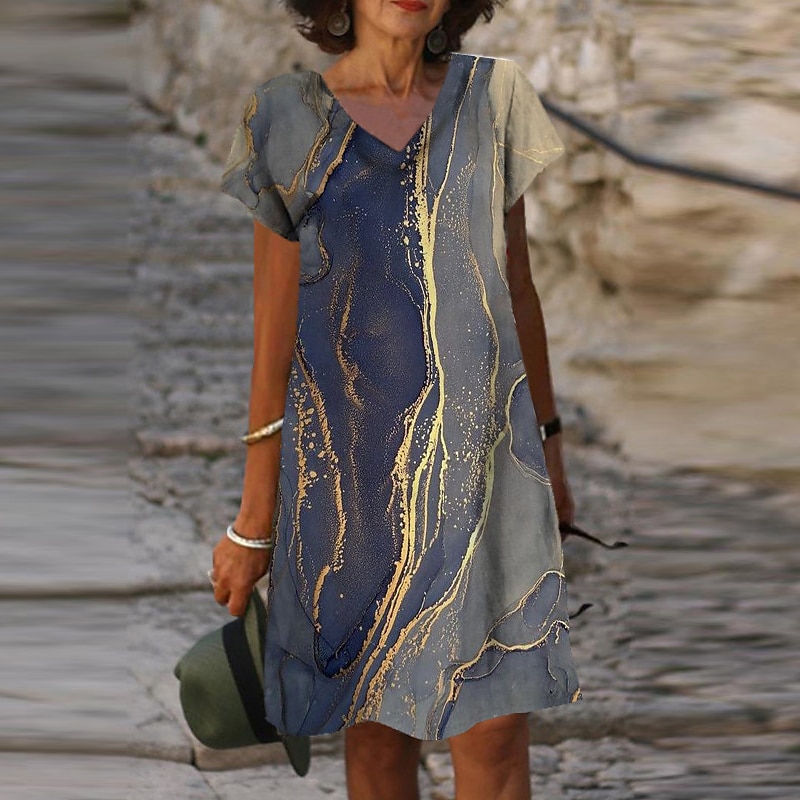 Femmes Robe Midi Robe Décontractée Robe fourreau Élégant Basique Occasionnel Quotidien Week-end Robe d'Été Coupe Ample Dégradé de couleur Marbre Manche Courte Col en V Bleu Été Printemps de 2025 ? $31.99 –P1