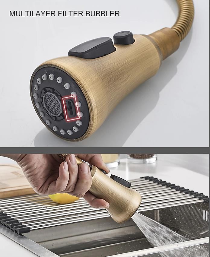 keukenkraan met sproeier, antiek messing uittrekbaar 3-functie afvoermodus enkele handgreep eengats spoelbak keukenkranen met zeepdispenser of afvoer 2025 - $178.99 –P4