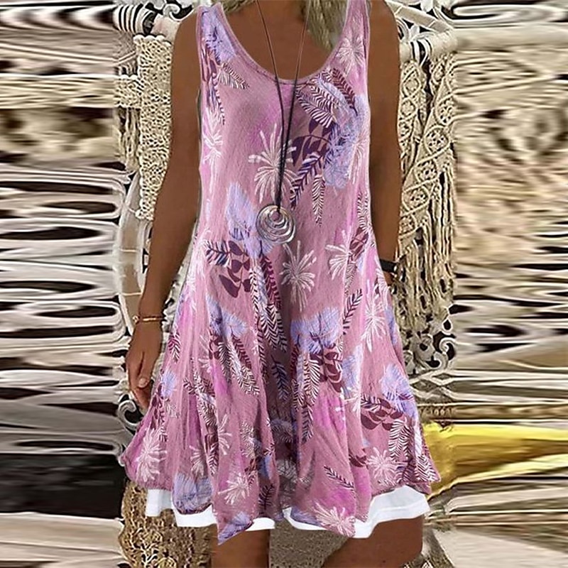 rochie lejeră damă rochie schimbătoare rochie mini gri fără mâneci floral fals două piese vară primăvară decolteu turn elegant 2023 5xl 2025 - $23.99 –P1