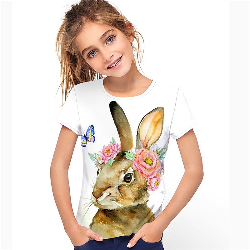 Pâques Fille 3D Floral Animal Lapin T-shirt Manche Courte 3D effet Eté Printemps Actif Mode Le style mignon Enfants 3-12 ans Extérieur du quotidien Intérieur Standard de 2025 ? $11.99 –P6