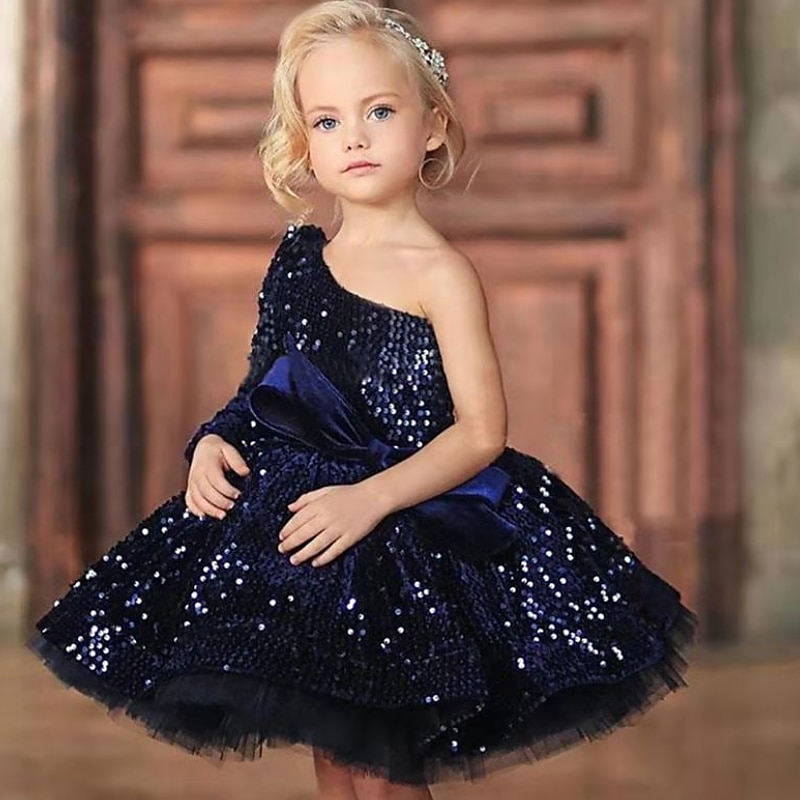 Kids Girls' Dress One Shoulder Sequins A Line Dress Party Birthday Ruched Mesh Navy Blue Above Knee Short Sleeve Princess Cute Dresses Fall Summer Regular Fit 3-12 Years dress to impress 2025 2025 - $82.99 –P1