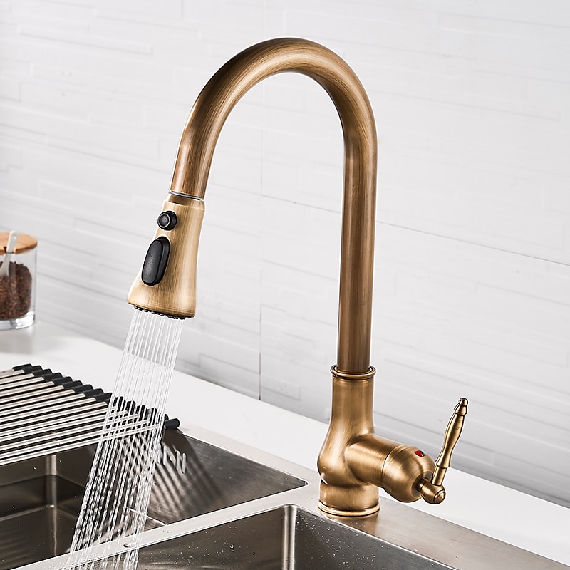 Robinet de cuisine avec pulvérisateur, extractible en laiton antique, mode de sortie à 3 fonctions, poignée unique, évier à un trou, robinets de cuisine avec distributeur de savon ou vidange de 2025 ? $178.99 –P6