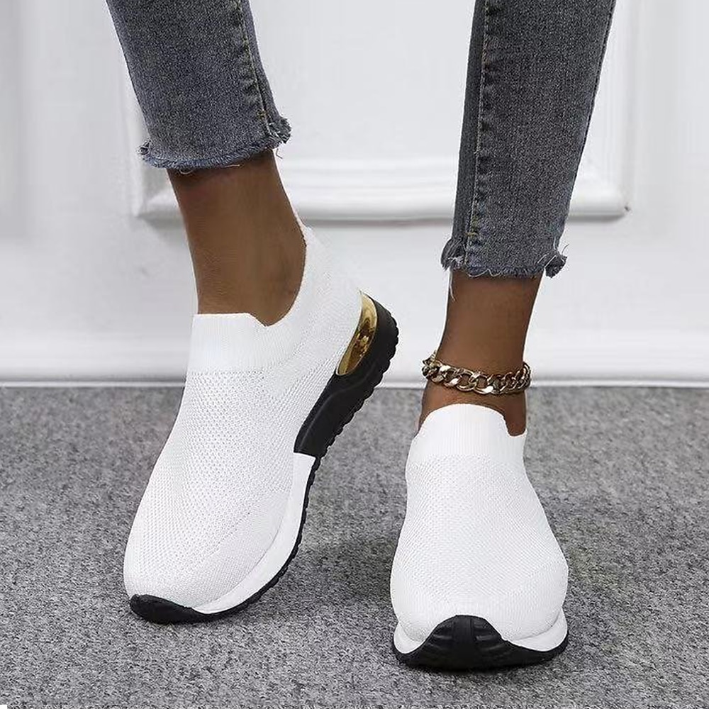 dámské černé úpletové slip-on tenisky – stylové neformální boty se zlatým akcentem na podpatku, lehké a pohodlné na denní nošení 2025 - $26.99 –P5