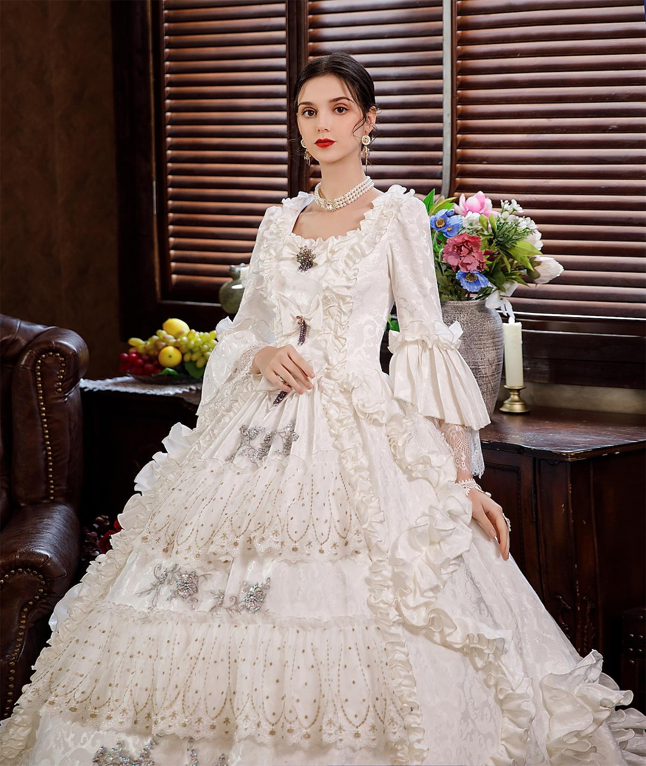 Rokoko Viktorianisch Vintage inspiriert Bodenlang Kleid Partykostüm Maskerade Trompetenärmel Prinzessin Shakespeare Braut Einfarbig Ballkleid Quadrathals Kostüm Damen Weihnachten Karneval Maskerade 2026 - $294.59 –P5