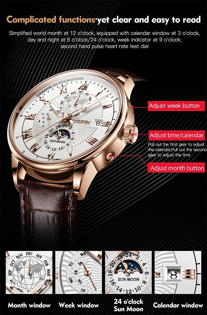 Mechanical Watch for Men Business Luxury Analog Wristwatch CalendarAutomatic Self-winding Moon Phase Waterproof Noctilucent Genuine Leather Watch Gift 2025 - $132.99 –P3
