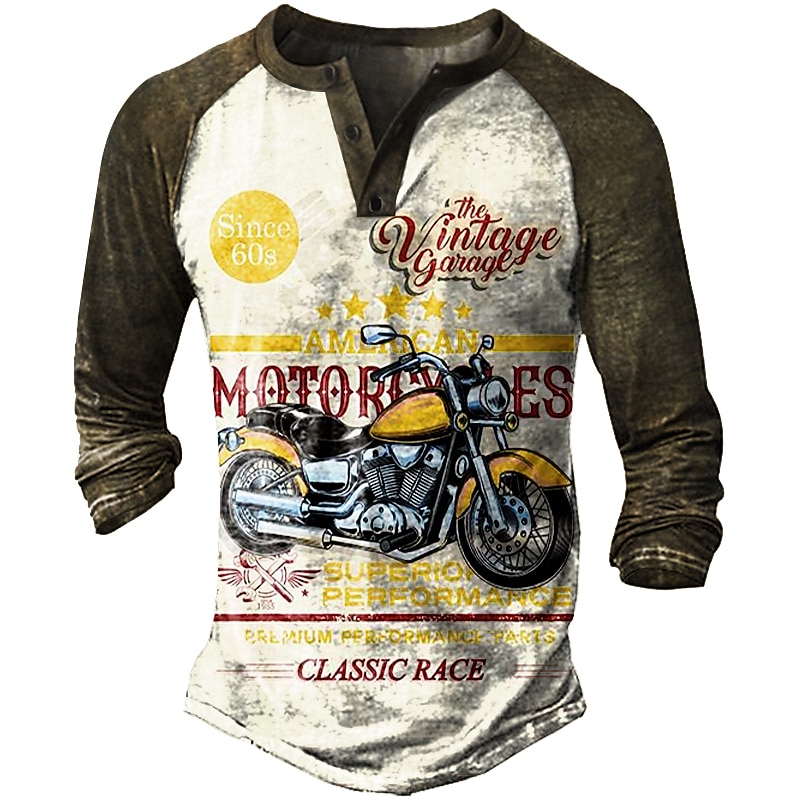 Herr T-shirt Henleytröja Grafiska tryck Motorcyklar Henley Gul Blå Kaki Grå Utomhus Ledigt Långärmad Button-Down Mönster Kläder Stylish Lättvikt Vintage Andningsfunktion 2025 - $22.99 –P13