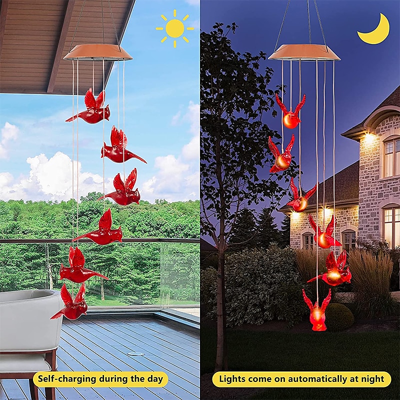 Solar Cardinal Red Bird Wind Chime LED Lights Spinners Spiral String Hanging Outdoor Garden Home Wall Decorations Red 2025 - $21.99 –P2