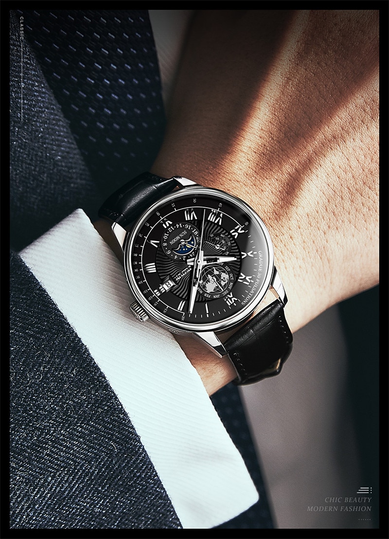 Mechanical Watch for Men Business Luxury Analog Wristwatch CalendarAutomatic Self-winding Moon Phase Waterproof Noctilucent Genuine Leather Watch Gift 2025 - $132.99 –P4