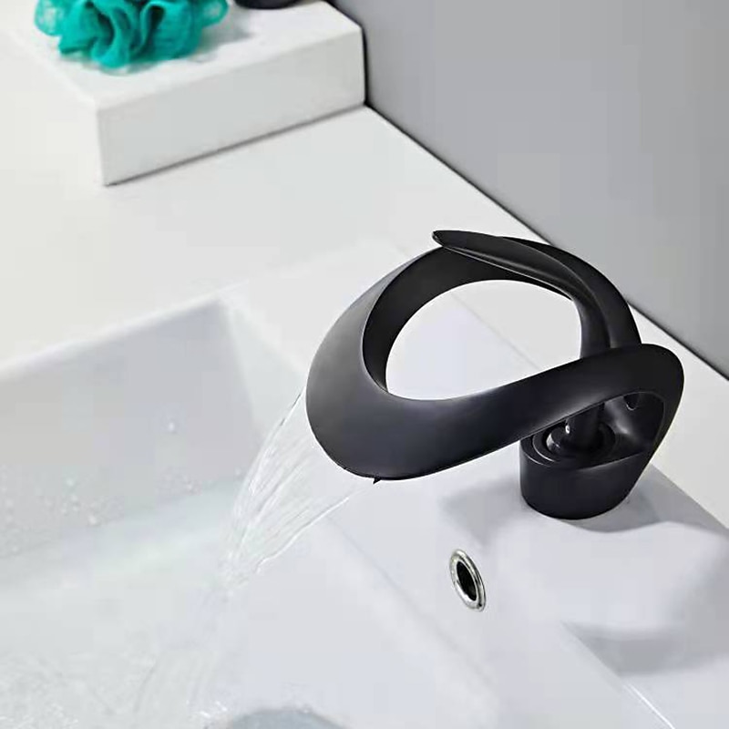 rubinetto miscelatore per lavabo nero con bocca a cascata, rubinetti per lavabo in ottone maniglia singola rubinetto per bagno con vasca monoforo con interruttore caldo e freddo cromo grigio dorato del 2025 a $161.99 –P11
