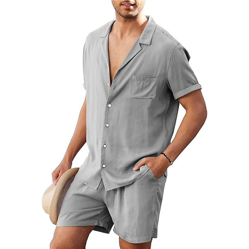 Herr linneskjorta Linneskjorta i bomull Vit bomullsskjorta 2 delar Skjorta set Sommarskjorta Slät Utomhus Gata Svart Vit Armégrön Beige Kortärmad Nedvikt Sommar Kläder Button-Down 2025 - $27.99 –P7