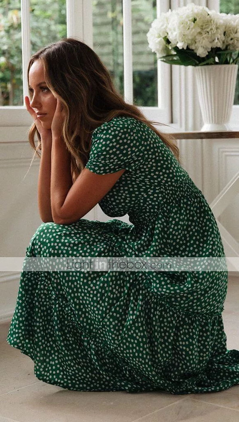 Women's Swing Dress Midi Dress Green Black Red Yellow Short Sleeve Women's Swing Dress Midi Dress Green Black Red Yellow Short Sleeve