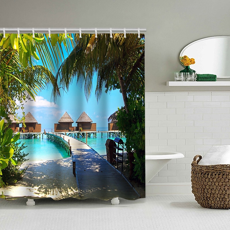 200 cm hoch duschvorhang waschbar Wunderschöner duschvorhang blatt Landschaft Naturdruck wasserdichter Duschvorhang moderner Polyester maschineller Badezimmer mit Haken 2025 - $27.99 –P6
