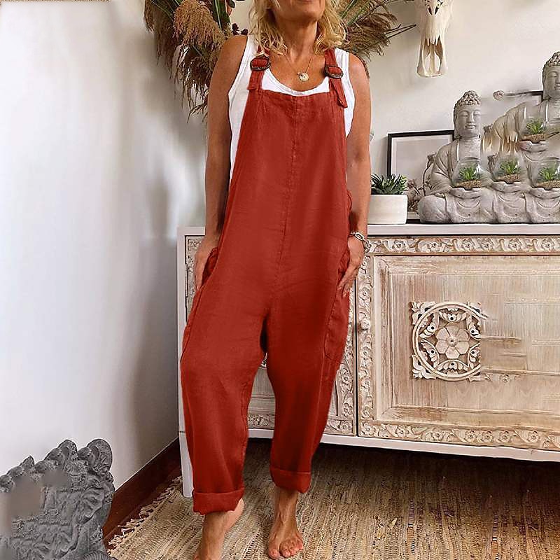 Women's Jumpsuits Casual Bib Utility Rompers Side Pockets Full Length Pants Weekend Inelastic Plain Faux Linen Comfort Mid Waist Green Black Red S M L XL XXL Summer Fall Dungarees 2025 - $28.99 –P5