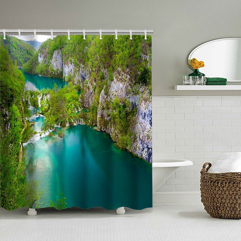 200 cm hoch duschvorhang waschbar Wunderschöner duschvorhang blatt Landschaft Naturdruck wasserdichter Duschvorhang moderner Polyester maschineller Badezimmer mit Haken 2025 - $27.99 –P10