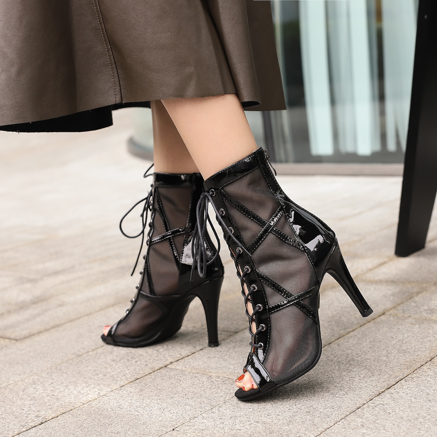 damskie czarne lakierowane buty do tańca ze sztucznej skóry, sznurowane, z siateczki, buty z odkrytymi palcami i wysokim obcasem do tańca latynoskiego, salsy i towarzyskiego 2025 - $79.99 –P8