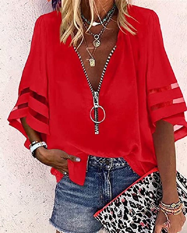 Mujer Camisa Blusa Negro Blanco Amarillo Plano A Rayas Cremallera Manga 3/4 Diario Festivos Básico Negocios Casual Escote en Pico S 2025 - $31.99 –P8