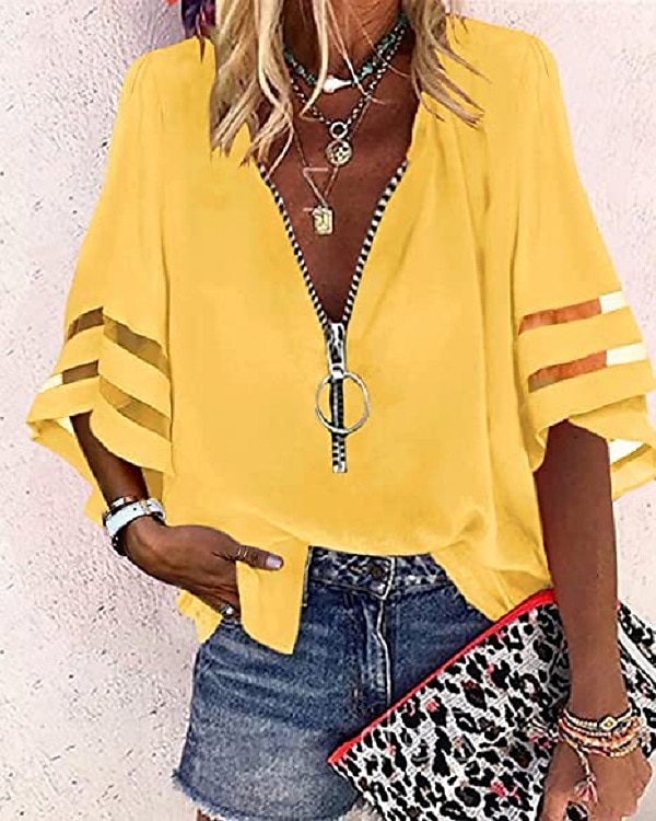 Mujer Camisa Blusa Negro Blanco Amarillo Plano A Rayas Cremallera Manga 3/4 Diario Festivos Básico Negocios Casual Escote en Pico S 2025 - $31.99 –P1