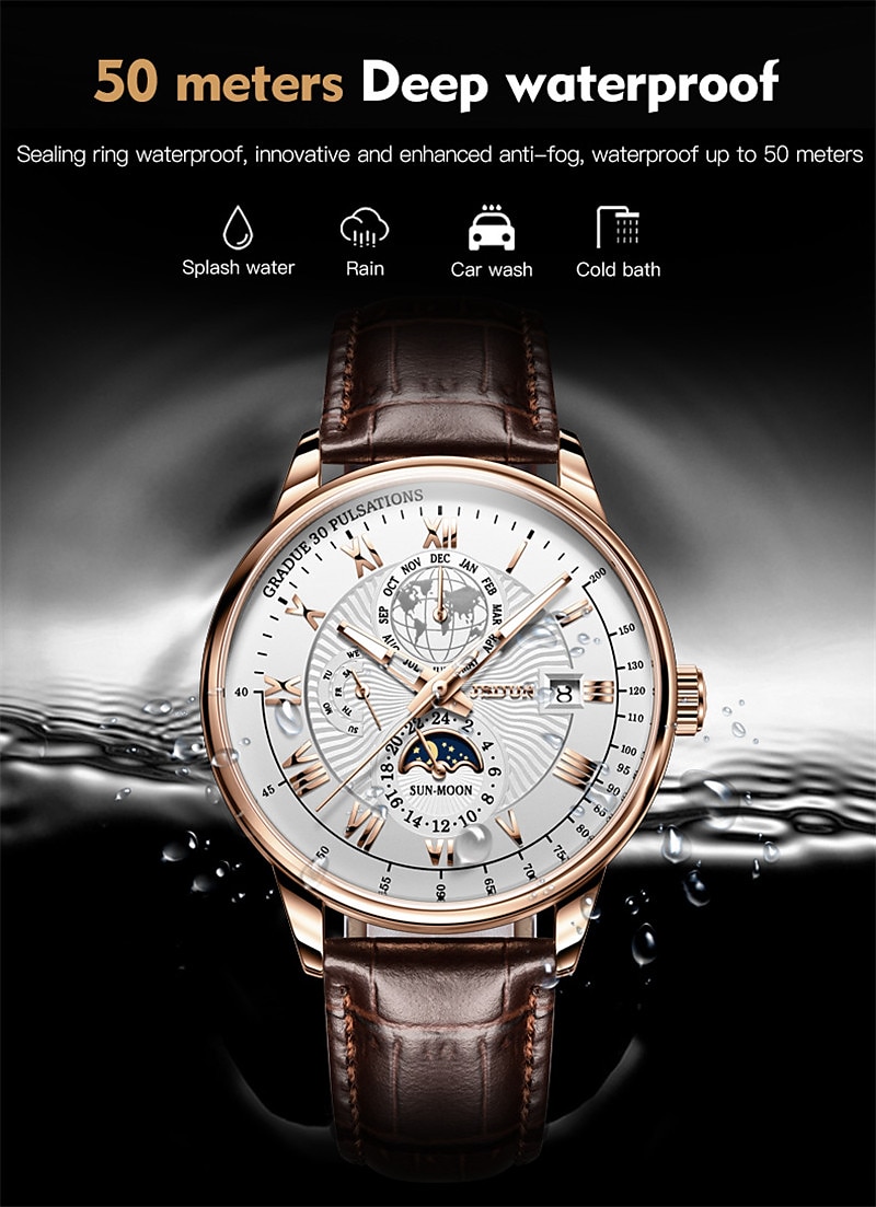 Mechanical Watch for Men Business Luxury Analog Wristwatch CalendarAutomatic Self-winding Moon Phase Waterproof Noctilucent Genuine Leather Watch Gift 2025 - $132.99 –P6