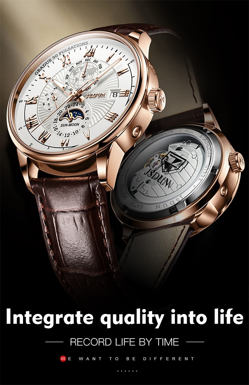 Mechanical Watch for Men Business Luxury Analog Wristwatch CalendarAutomatic Self-winding Moon Phase Waterproof Noctilucent Genuine Leather Watch Gift 2025 - $132.99 –P1