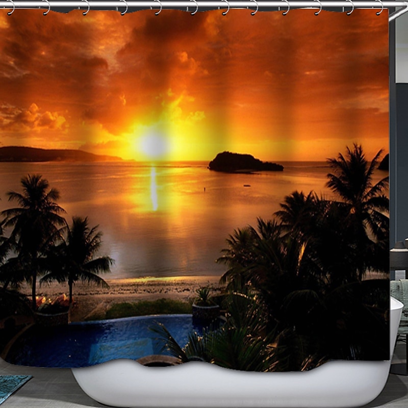 Shower Curtain with Hooks 180cm*180cm(70"*70") Polyester Washable Waterproof Sunrise Sunset Sea Seaside Coconut Tree Pattern 2025 - $27.99 –P6