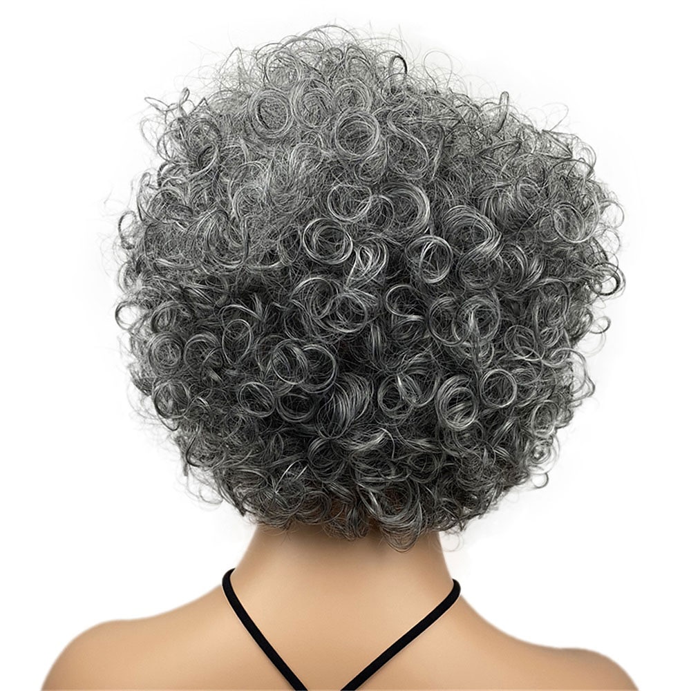Le parrucche da donna nere ricci corte miste crema grigio scuro riscaldano i capelli naturali lisci e amichevoli del 2025 a $29.99 –P5