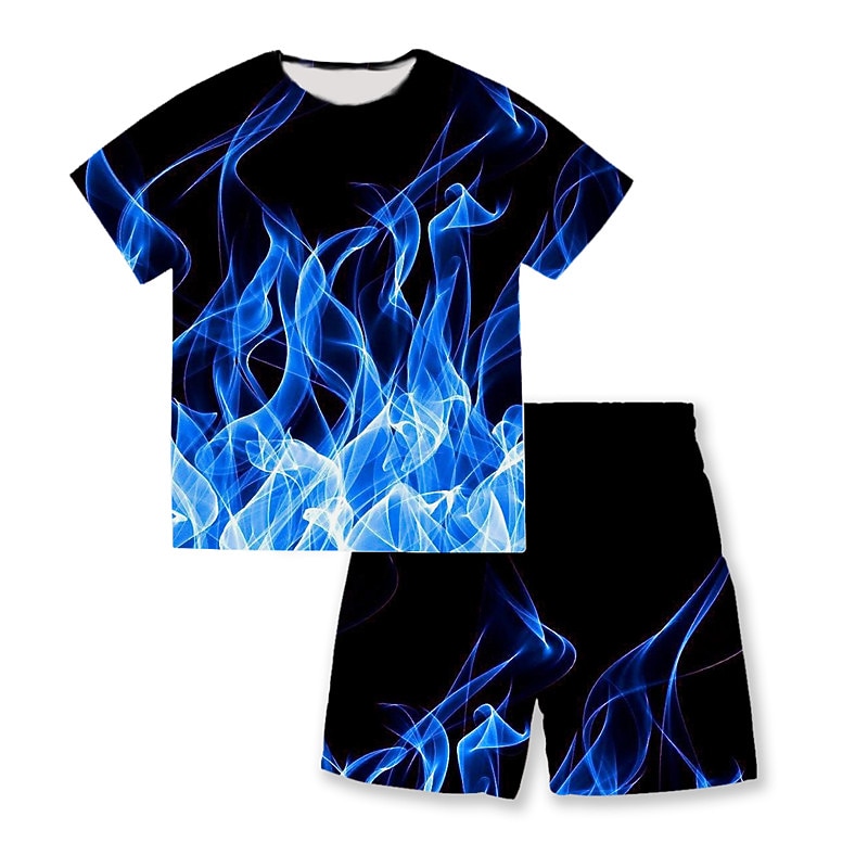 2026年 ２個 子供 男の子 Tシャツ＆ショーツ アンサンブル 衣装 グラフィック 半袖 プリント 設定 アウトドア スポーツ ファッション クール 夏 春 3〜13歳 ブルー  コレクション – $19.49 –P1