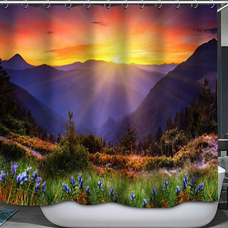 Shower Curtain with Hooks 180cm*180cm(70"*70") Polyester Washable Waterproof Sunrise Sunset Sea Seaside Coconut Tree Pattern 2025 - $27.99 –P8